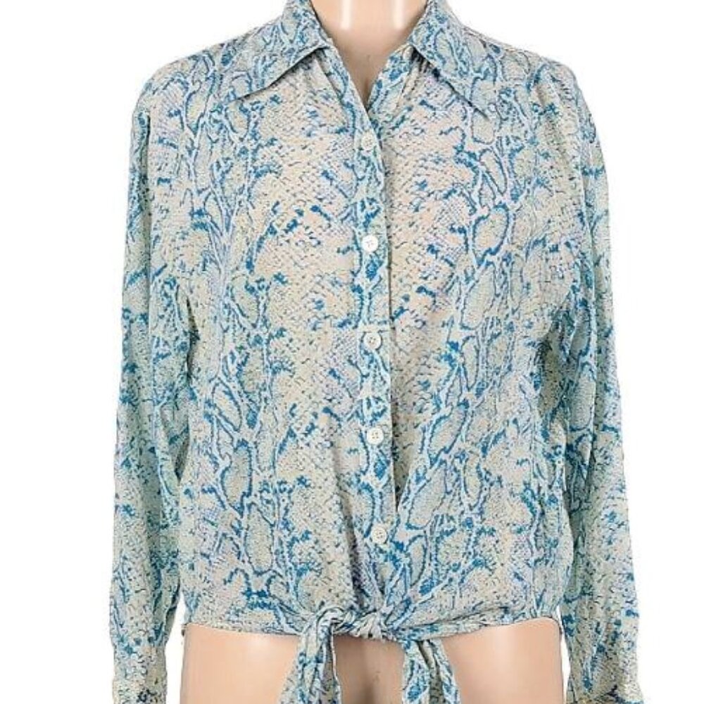Equipment Blue Silk Snake Print Long Sleeve Shirt
